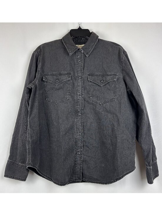 Medium Dark Gray Denim Shirt Button Up Cuff Collared Western Cowgirl Distressed - Picture 4 of 12